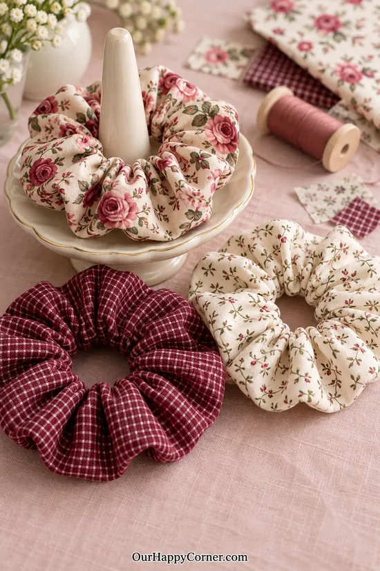 Floral and burgundy gingham scrunchies made from cotton fabric scraps