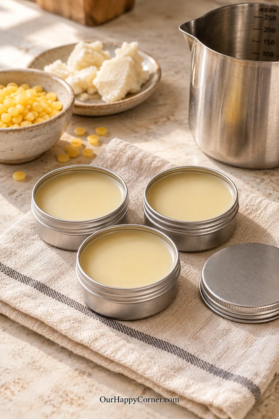 Homemade beeswax lip balm in small silver tins