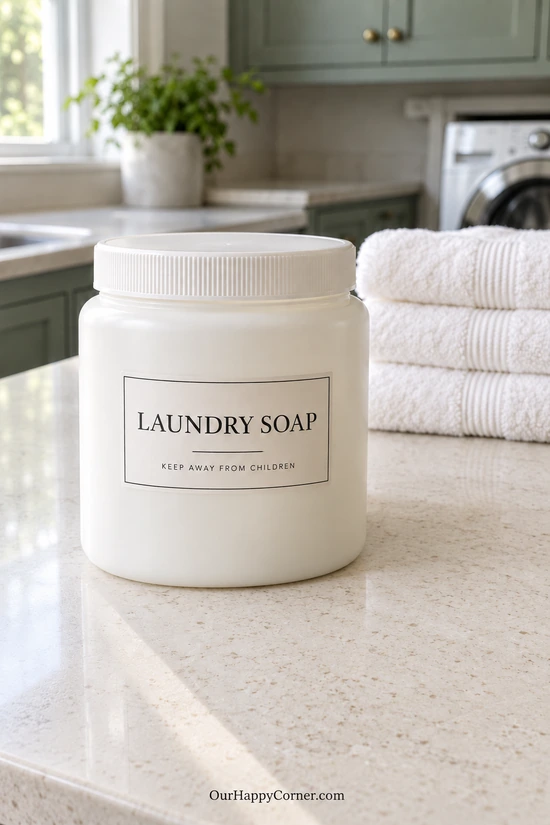 Cream laundry soap canister with a labeled screw-top lid