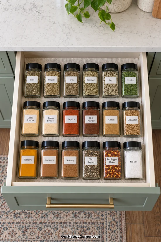 Spice rack organization with labeled glass jars lying flat in straight drawer rows