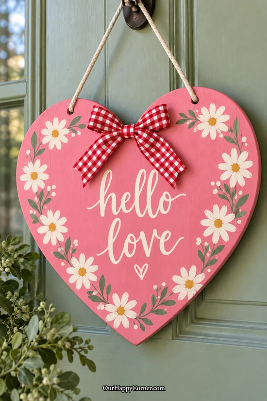 Bright pink wooden heart door hanger with ivory daisies and a red-and-white gingham bow valentine wood crafts