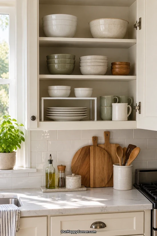 Kitchen organization with shelf risers for plates and bowls