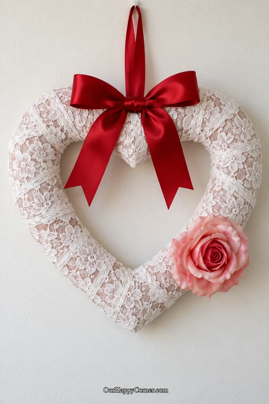 Lace Heart Wreath in red and pink Valentine’s Day crafts for adults