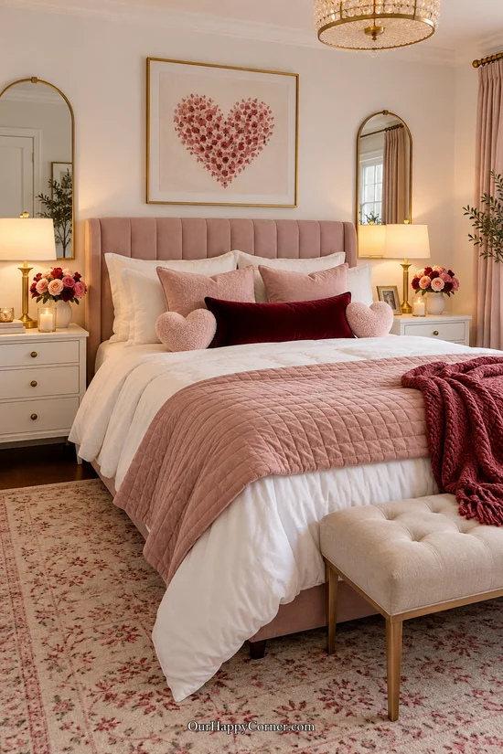 Valentine’s Day bedroom decorations with blush layers and burgundy pillows