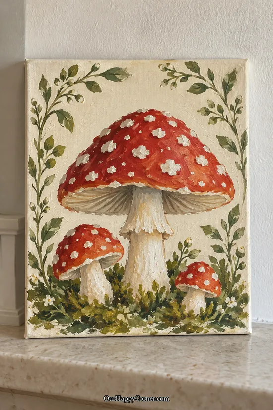 Mushroom painting ideas featuring red toadstools, white spots, and a sage leafy border