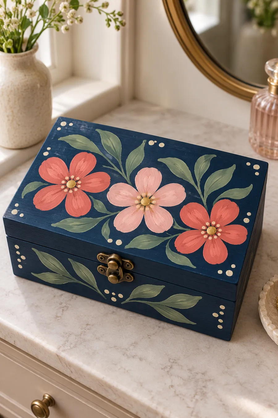 Navy jewelry box with three hand-painted pink folk flowers