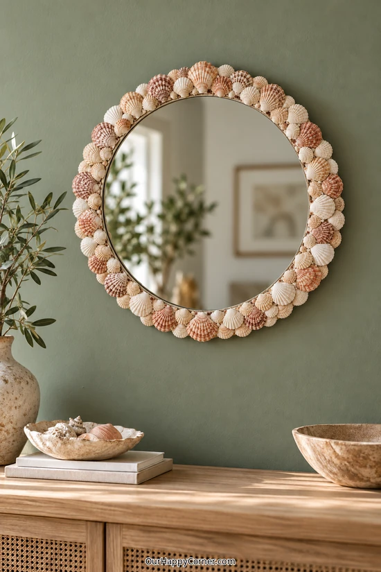 Seashell crafts for adults featuring scallop shell mirror