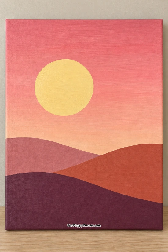 Sunset painting ideas featuring simple sunset over rolling hills