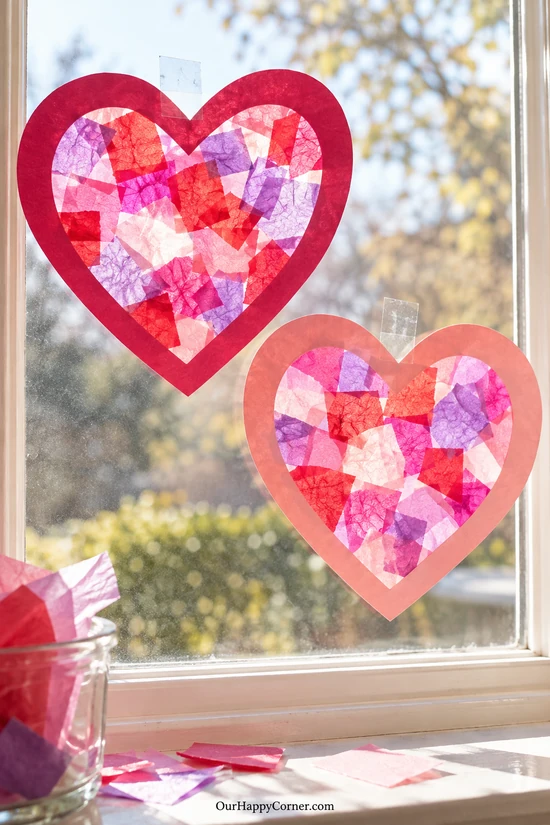 Pink and red tissue-paper heart suncatchers on a sunny window