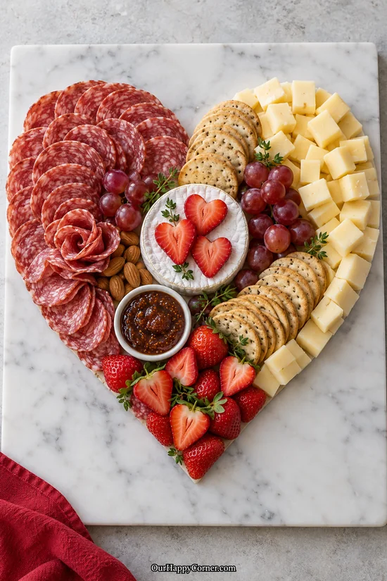 Valentine’s charcuterie board with salami, brie, cheese cubes, crackers, and strawberry hearts