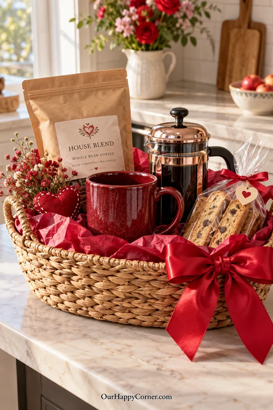 Valentine’s Day gifts with coffee, a French press, and biscotti