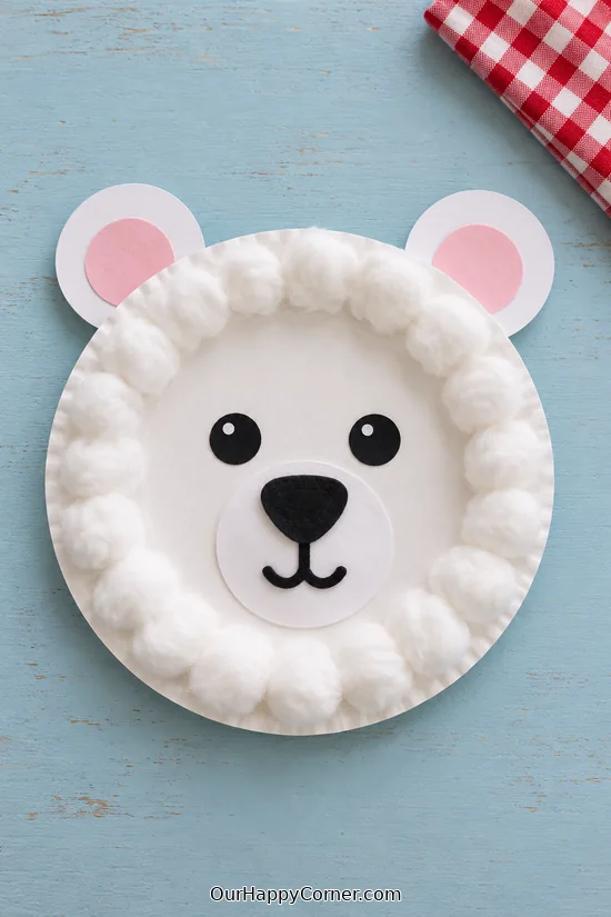 winter animal crafts for kids with cotton ball paper plate polar bear