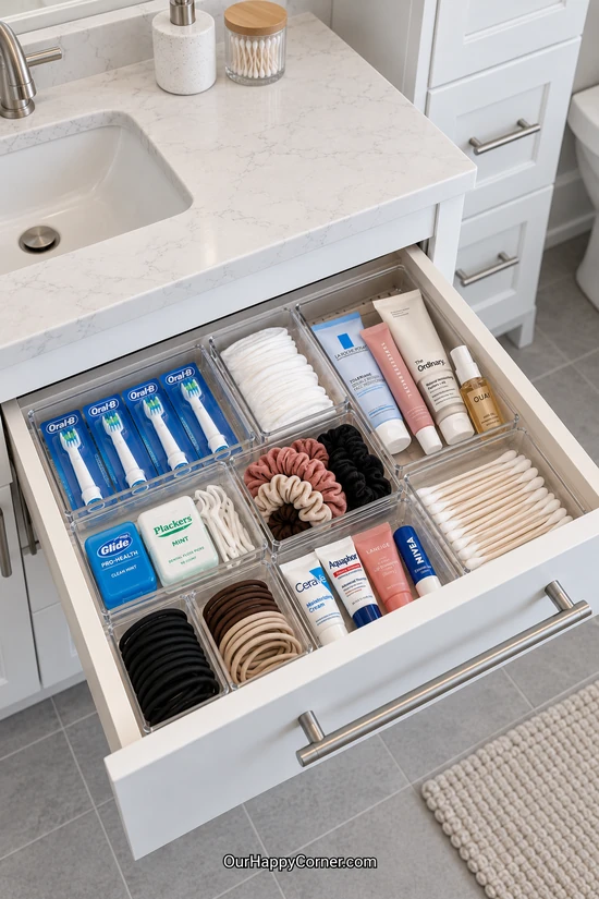 Clear drawer dividers separate floss, cotton pads, tubes, and hair ties