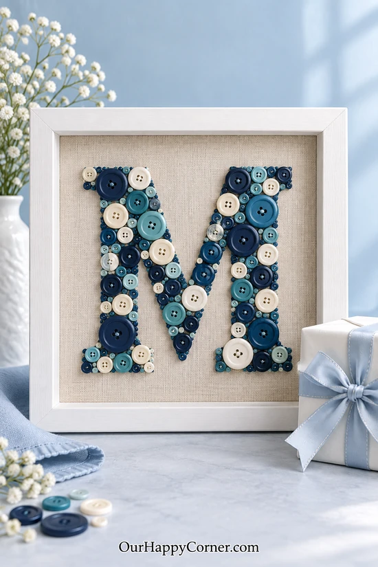 Navy and ivory button monogram in a white shadowbox