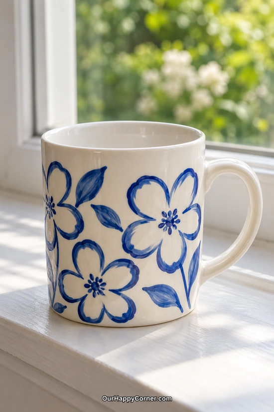 White ceramic mug painted with cobalt blue flower outlines and leaves
