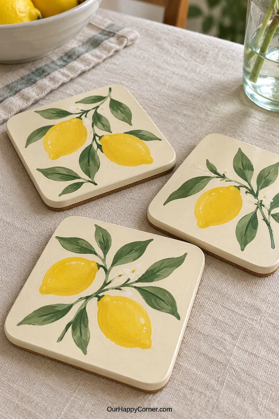 Cream coasters painted with yellow lemons and leafy green stems
