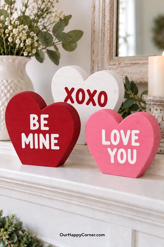 Red, pink, and white conversation heart shelf sitters with painted Be Mine, XOXO, and Love You messages