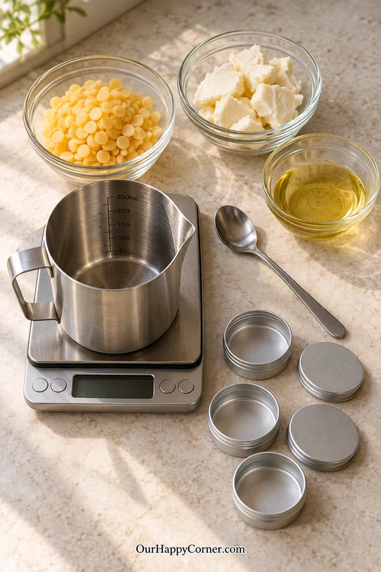 Beeswax lip balm ingredients and clean tools on a cream countertop