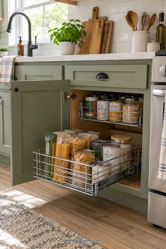 Pull-out cabinet baskets filled with pantry staples