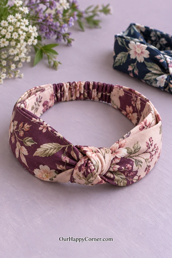 Plum botanical knotted fabric headband with a gathered elastic back