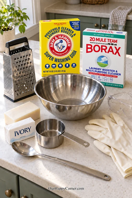 Borax, washing soda, Ivory soap, and stainless steel preparation tools