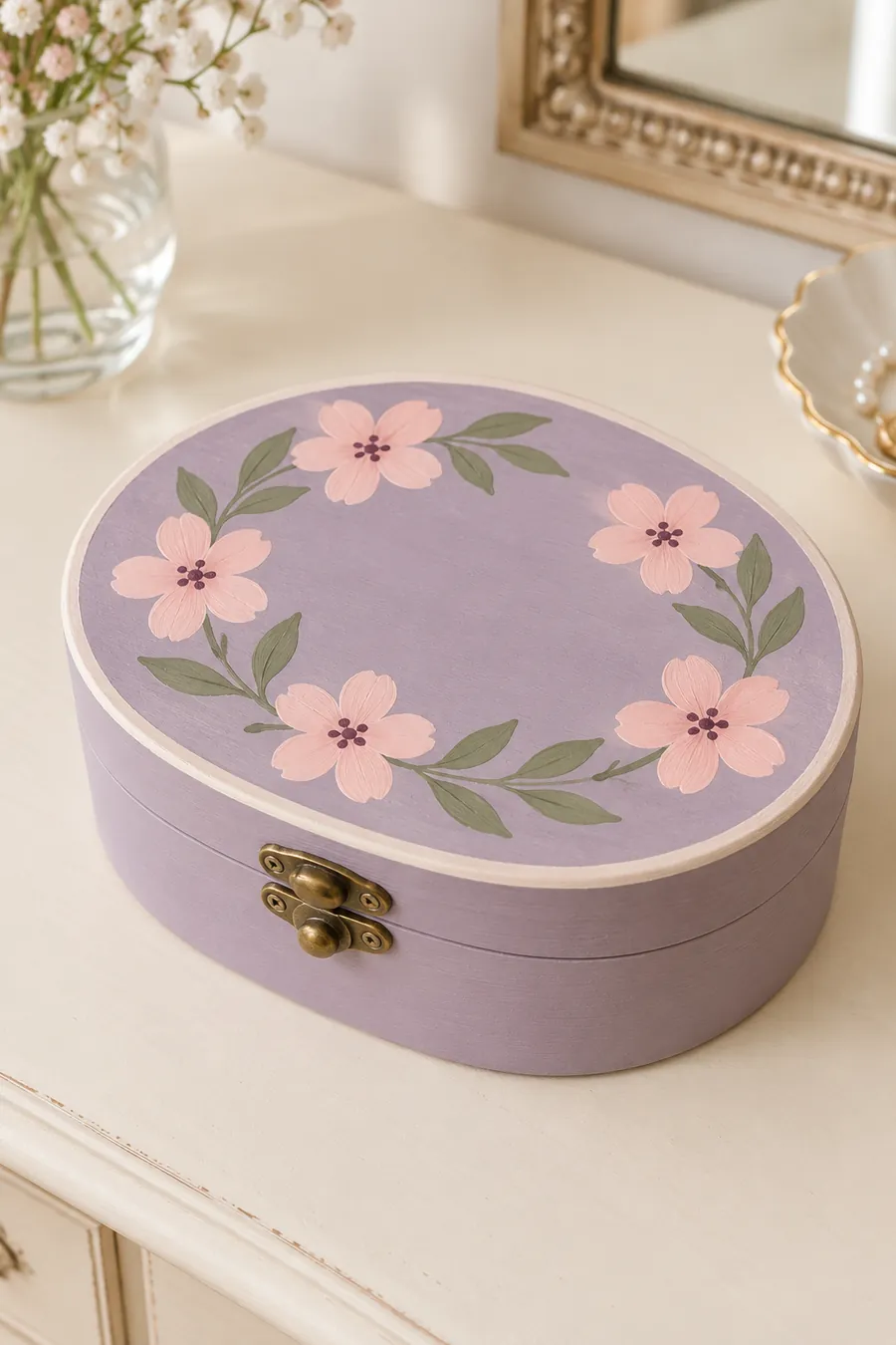Lilac oval jewelry box with a pink blossom wreath