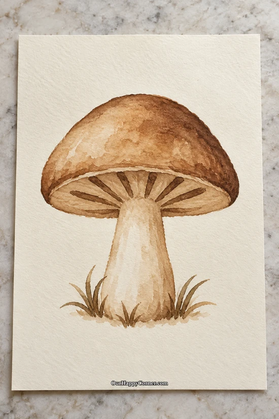 One sepia mushroom with a few grass tufts