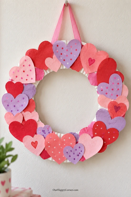 Paper-plate wreath covered with colorful Valentine hearts