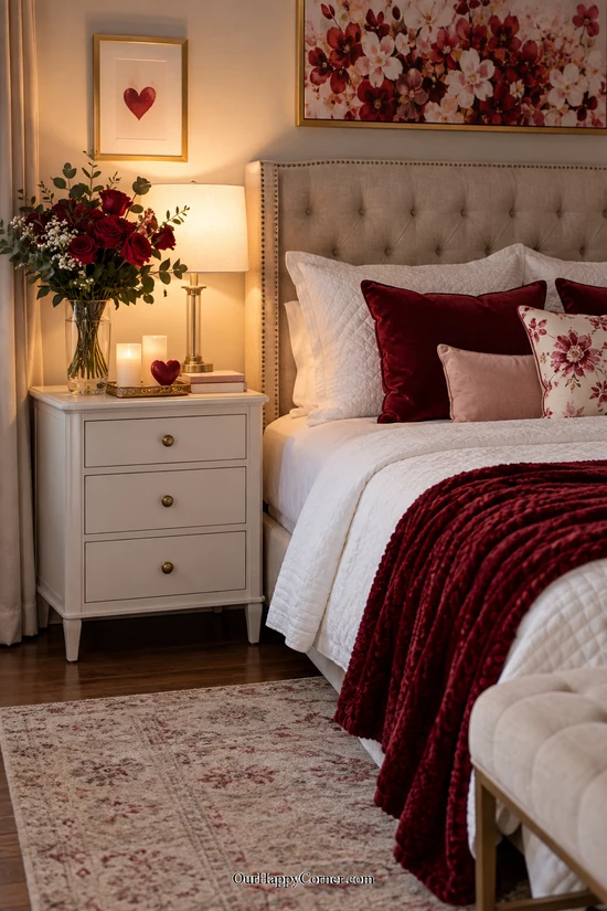 Red roses and warm lighting beside a white bed