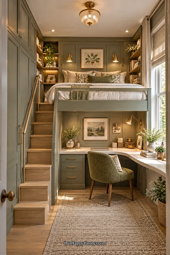 Sage loft bedroom with ivory bedding and warm oak stairs small bedroom design ideas