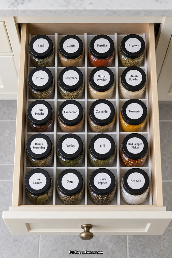 Upright spice jars with round lid labels and drawer dividers
