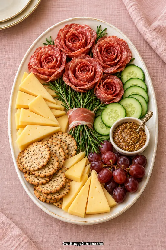 Salami roses with rosemary stems, Gouda triangles, cucumber slices, crackers, and grapes