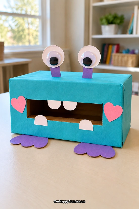Turquoise monster card box with googly eyes and purple feet
