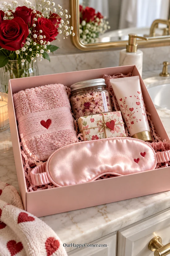 Pink spa gift box with bath products and a sleep mask