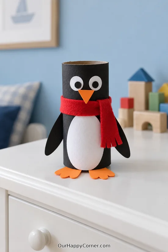 Cardboard Tube Penguin made from simple craft supplies