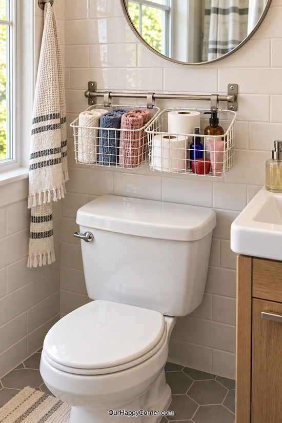 Bathroom organization using rail-mounted baskets above a toilet