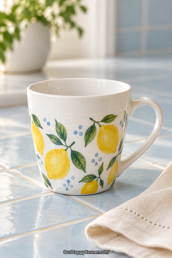 Ceramic cup painting ideas featuring yellow lemons and pale blue dots