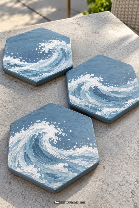 Coastal coaster painting ideas featuring white waves on dusty blue hexagons