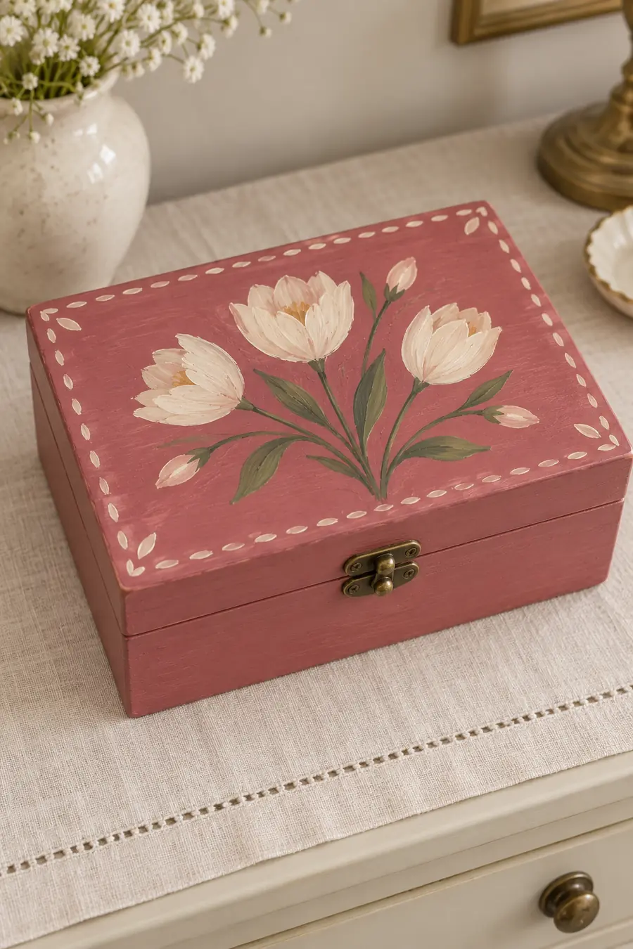 Rose-pink jewelry box painted with three cream tulips