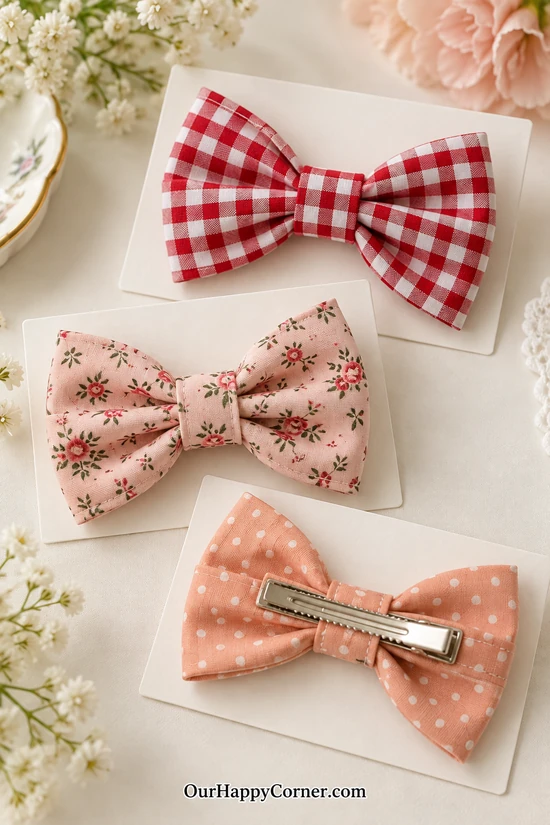 Three fabric hair bows in red gingham, blush floral, and peach prints