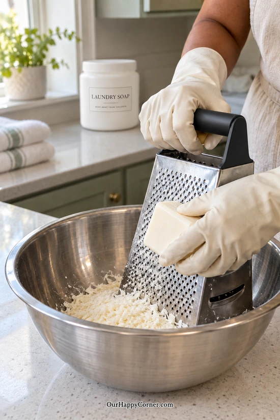Gloved hands finely grating a soap bar into a steel bowl