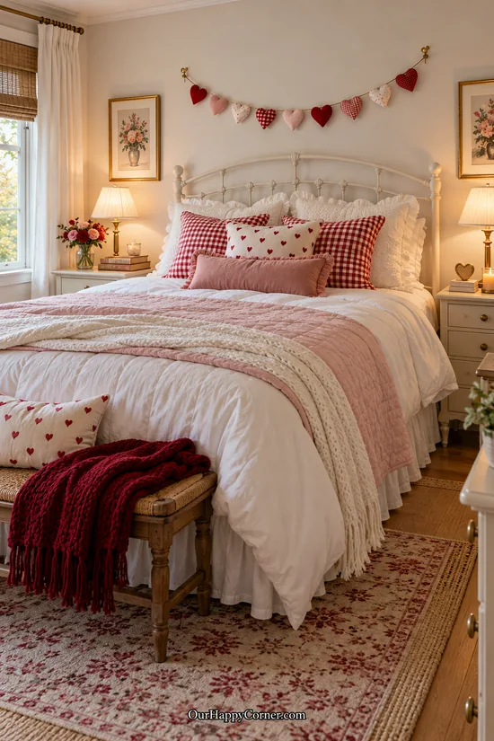 Fabric heart garland above a cottage bedroom headboard