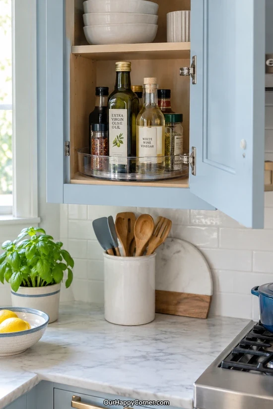 Condiment bottles organized on a cabinet turntable