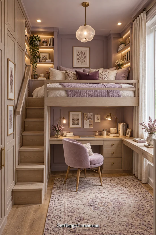 Lavender loft with pale oak joinery and a plum cushion