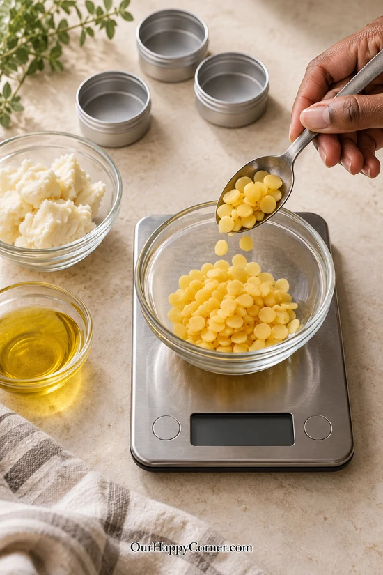 Weighing beeswax pastilles for homemade lip balm