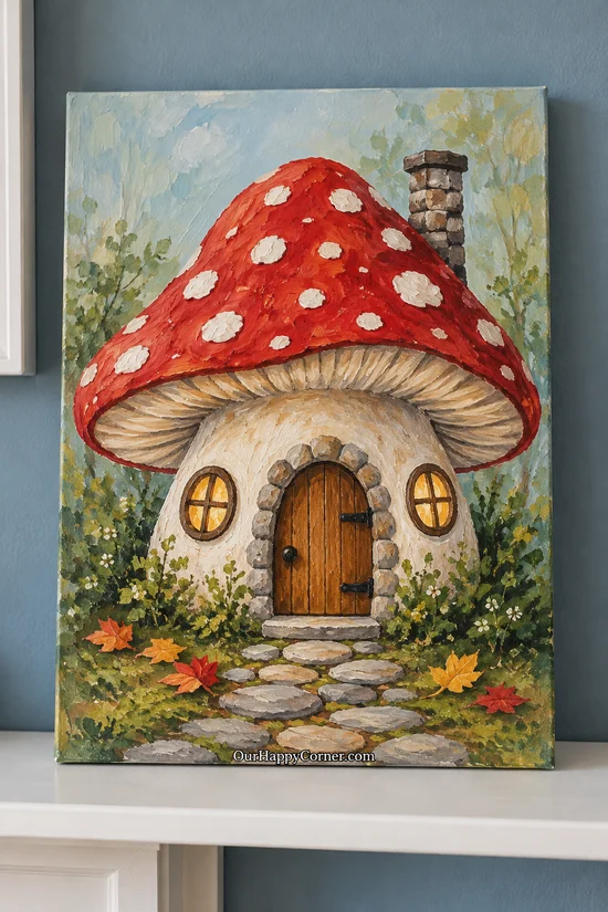 Mushroom painting ideas featuring a red mushroom cottage with windows and a stone path