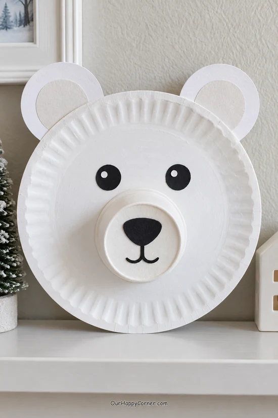 Paper plate polar bear with raised white muzzle