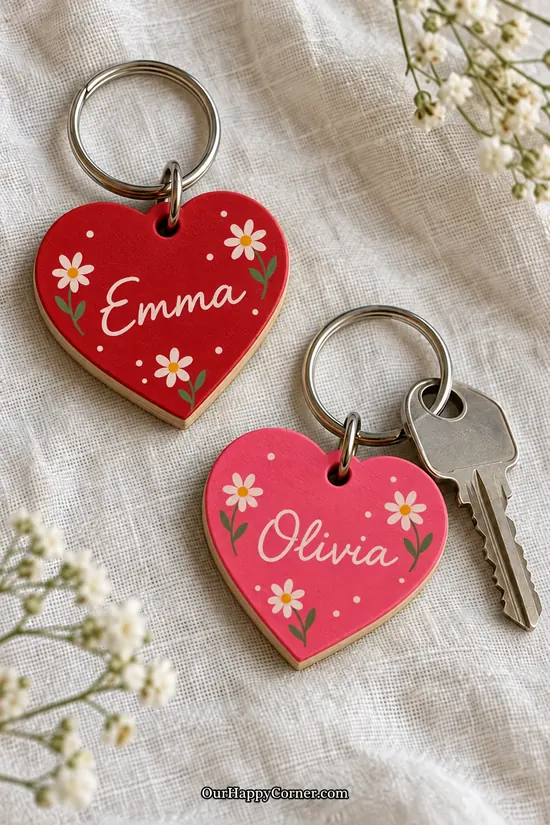 Personalized Valentine wood crafts featuring red and pink floral heart keychains with silver rings