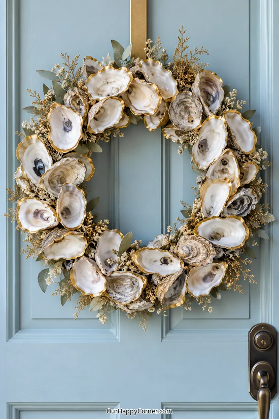 Seashell crafts for adults featuring gold-edged oyster shell wreath