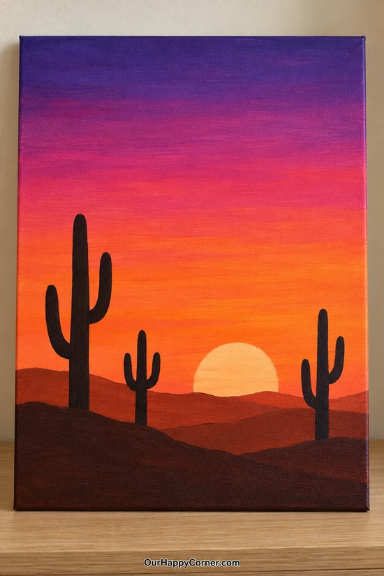 Sunset painting ideas featuring desert cactus silhouettes